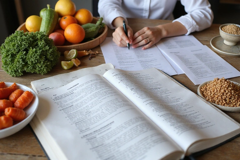 Ernährungswissenschaftler studiert Fachbücher und Notizen, umgeben von gesunden Lebensmitteln